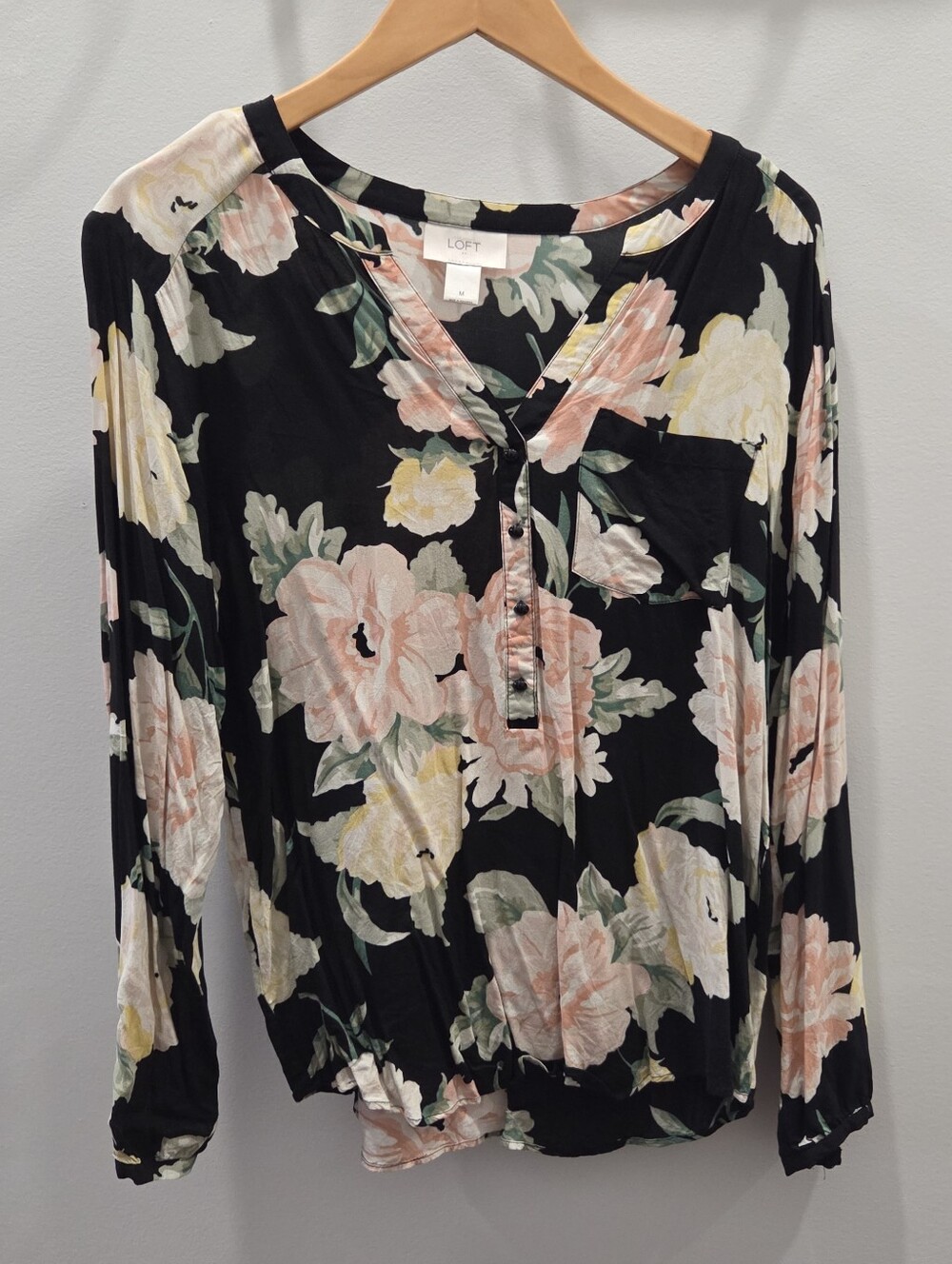 LOFT Black Floral Henley Top with Pink & Yellow Blooms, Medium